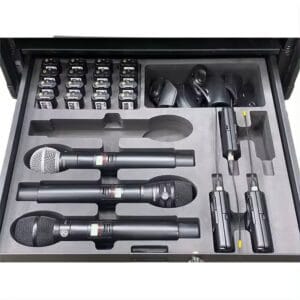 Custom foam microphone case with dedicated slots for mics and audio accessories