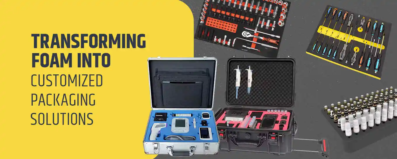 Custom foam packaging solutions with organized tool kits and protective equipment cases for secure storage and transport | Foamkart